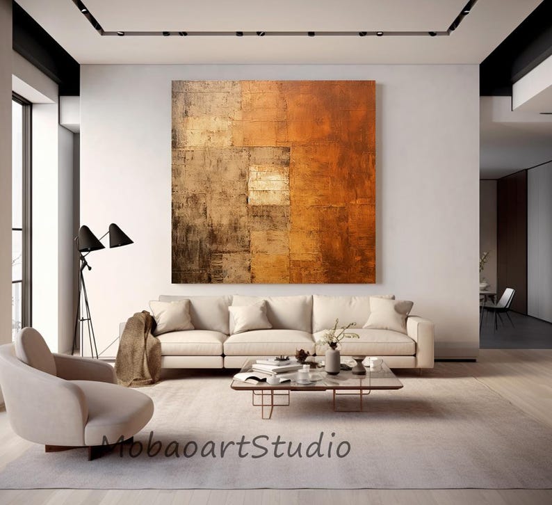 Pintura abstrata com textura: tela marrom e laranja (opções de tamanho personalizado) imagem 6