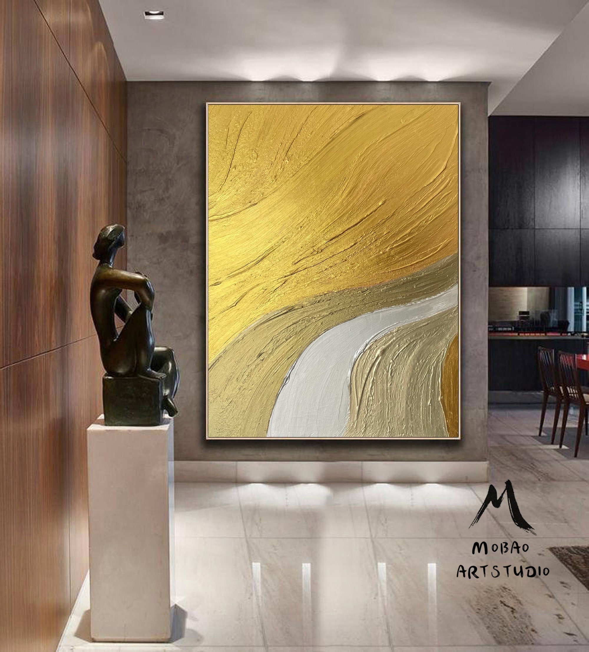 Gold Abstract Painting, White & Silver Textured Art