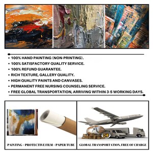 May include: A colorful abstract painting with thick brushstrokes and a textured surface. The painting is rolled up in a paper tube and secured with a protective film. The painting is being shipped via airplane and truck, with free global transportation.