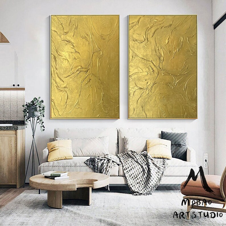 Gold 3D Textured Painting Set of 2 Gold Abstract Painting Gold Etsy