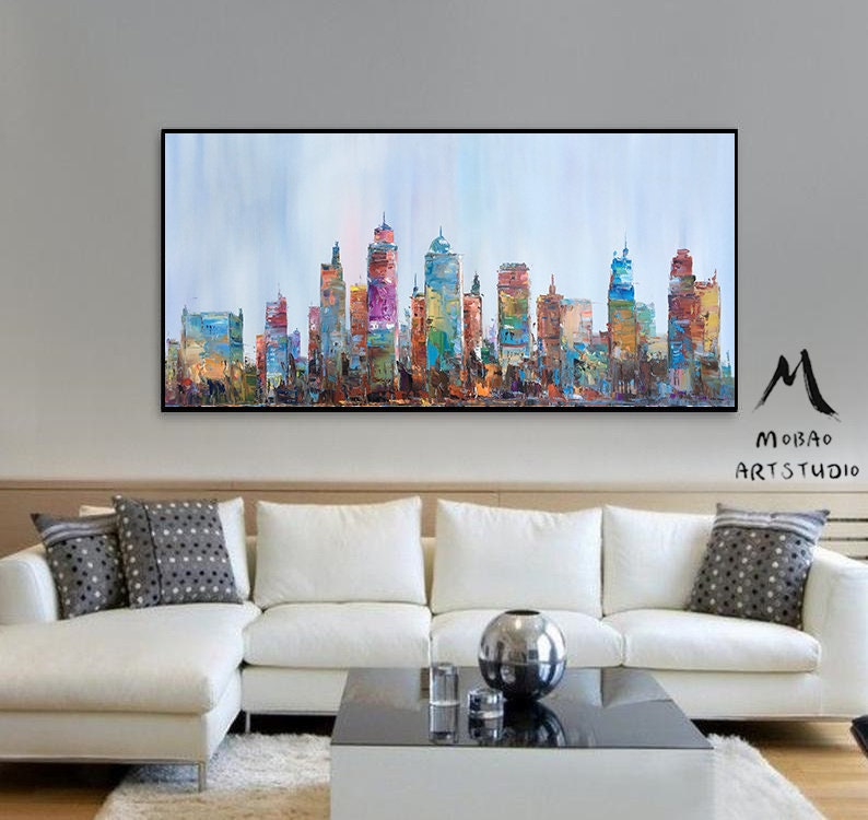Large City Abstract Painting on Canvas Wall Art City Skyline Etsy