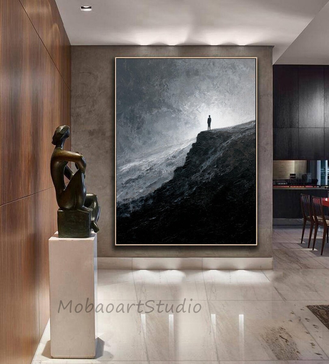 Cliff Landscape Abstract Painting,black Abstract Painting,gray Sky ...