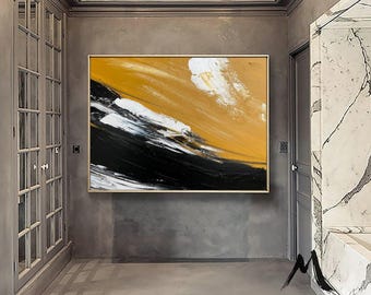 Large Abstract Painting: Black and Yellow Modern Canvas Art