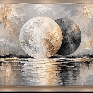 May include: A rectangular canvas painting featuring two large circular shapes, one light beige and one dark gray, positioned above a textured horizon line. The composition uses thick impasto paint strokes in shades of gray, white, and gold, creating a reflective effect on the lower portion of the artwork.