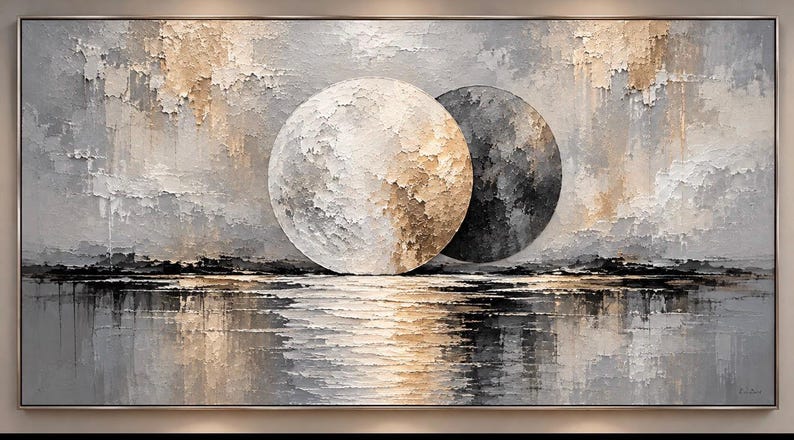 May include: A rectangular canvas painting featuring two large circular shapes, one light beige and one dark gray, positioned above a textured horizon line. The composition uses thick impasto paint strokes in shades of gray, white, and gold, creating a reflective effect on the lower portion of the artwork.