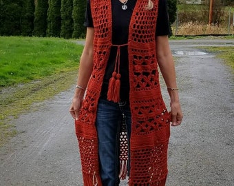 Long Crocheted Vest with Fringe, Vintage Crocheted Vest with Fringe, Boho Vest,  Boho Fringed Vest,  Long Boho Vest,