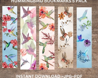 Printable Hummingbird Bookmarks, Set of 5 Hummingbird Bookmarks, Instant Download, Botanical Bookmark, Printable Nature Bookmark