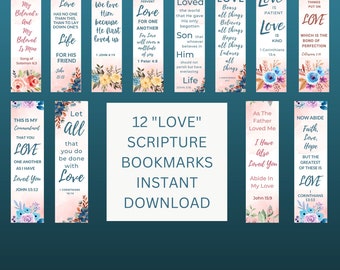 Printable Bible Verse Bookmarks, Set of 12 "Love" Bookmarks, Printable Bible Bookmark, Instant Download, Bible Passage Bookmark, Christian