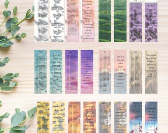 May include: A set of 12 printable bookmarks featuring different bible verses for each month of the year. Each bookmark has a different background image, such as flowers, sunflowers, and a sunset.