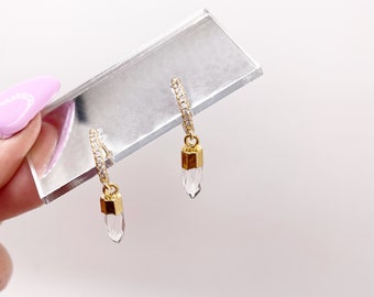 14k Gold Filled Crystal Huggie Earrings, Crystal earrings, Quartz earrings, small dangle earrings, minimalist earrings, cz