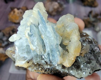 Rare Calcite Coated Blue Barite Crystal from Morocco
