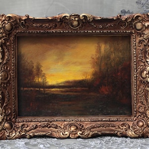 Original Summer Sunset Oil Painting: Vintage Gold Frame, Tonalism Landscape Art