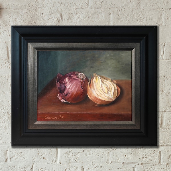Onions Still Life Original Oil Painting Artwork in Dutch Still Life Painting and Vintage Painting Style, Traditional Fine Art