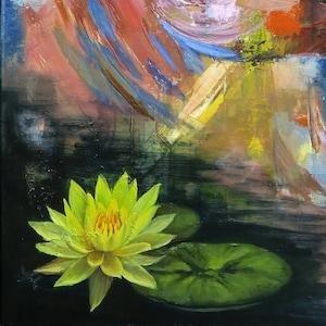 Original Water Lily Oil Painting, Water Lily Oil Painting on Canvas with Abstract Painting background, Fine Art for House Decor