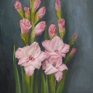 大型オリジナルグラジオラス油絵、8×24インチ、花をモチーフにした