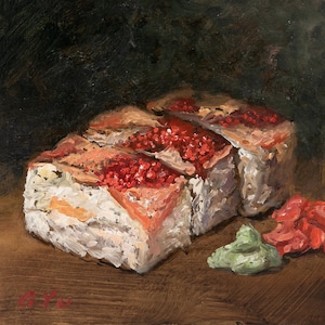 Stillleben Original Ölgemälde auf Holz, Sushi Ölgemälde, Stillleben Malerei/Vintage Malstil, Traditionelle Kunst