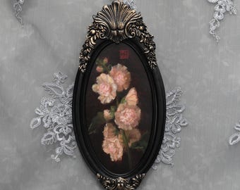 Original Double Hollyhock Oil Painting with Long Oval Antiqued Frame, Framed Flower Still-life Art Gift, NOT A PRINT