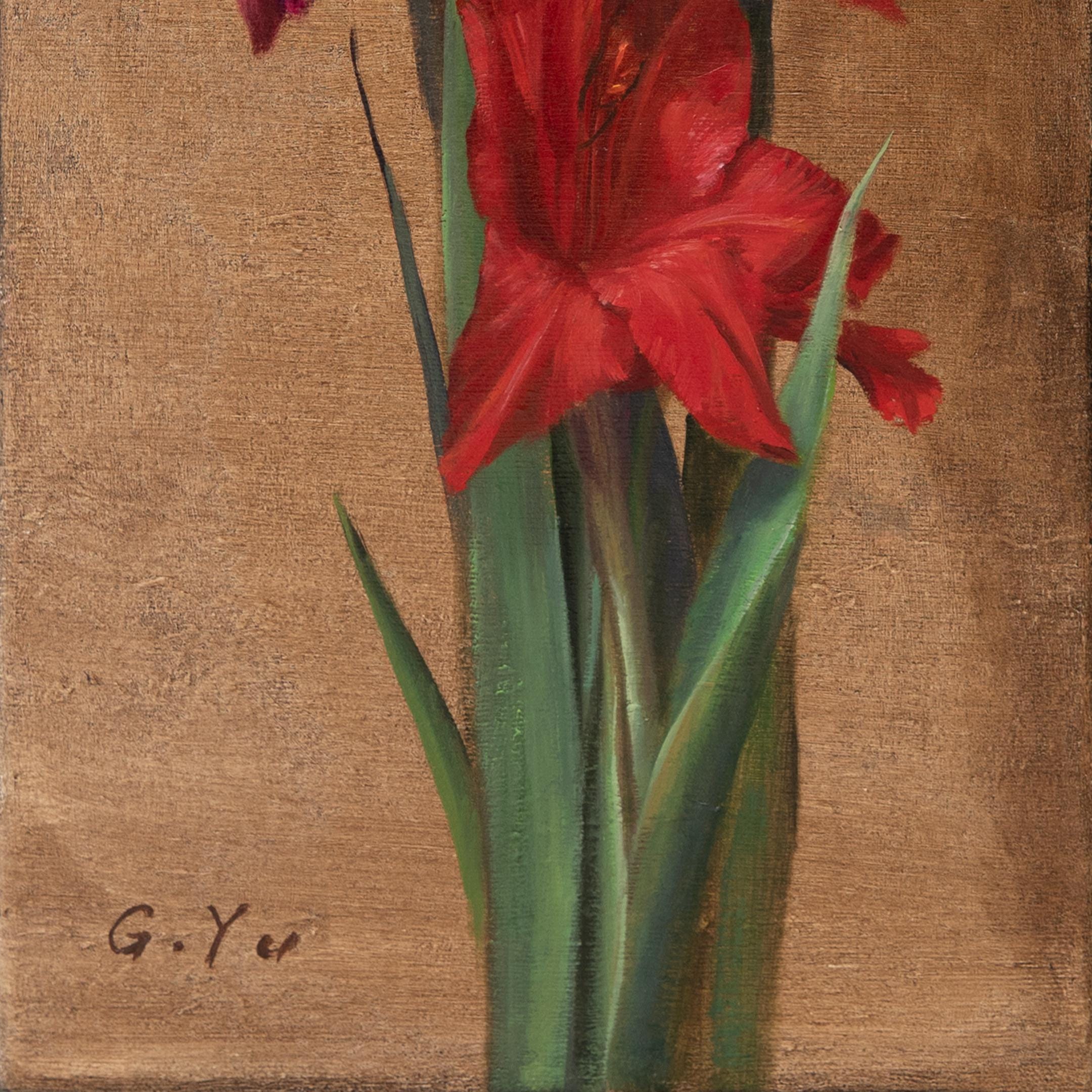 オリジナルのグラジオラスの油絵：赤、ピンク、紫の花のアート、印刷物