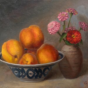 May include: An oil painting depicting a bowl filled with four ripe orange peaches next to a brown ceramic vase containing a bouquet of pink and red zinnia flowers. The bowl features a blue leaf pattern around the rim. The artist signature G. Yu is visible.