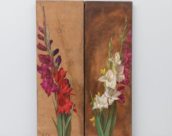 大型オリジナルグラジオラス油絵、8×24インチ、花をモチーフにした