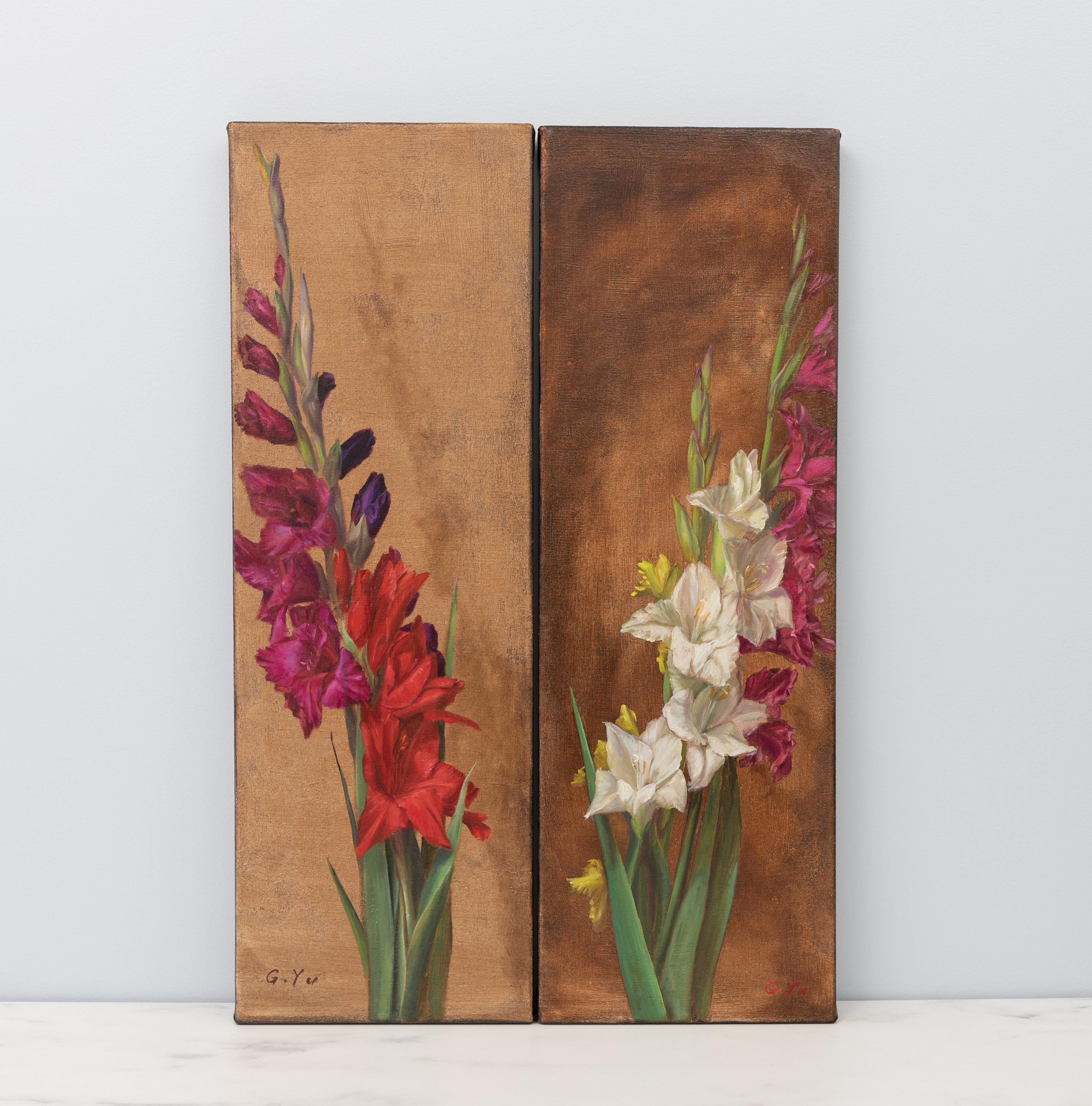 オリジナルのグラジオラスの油絵：赤、ピンク、紫の花のアート、印刷物