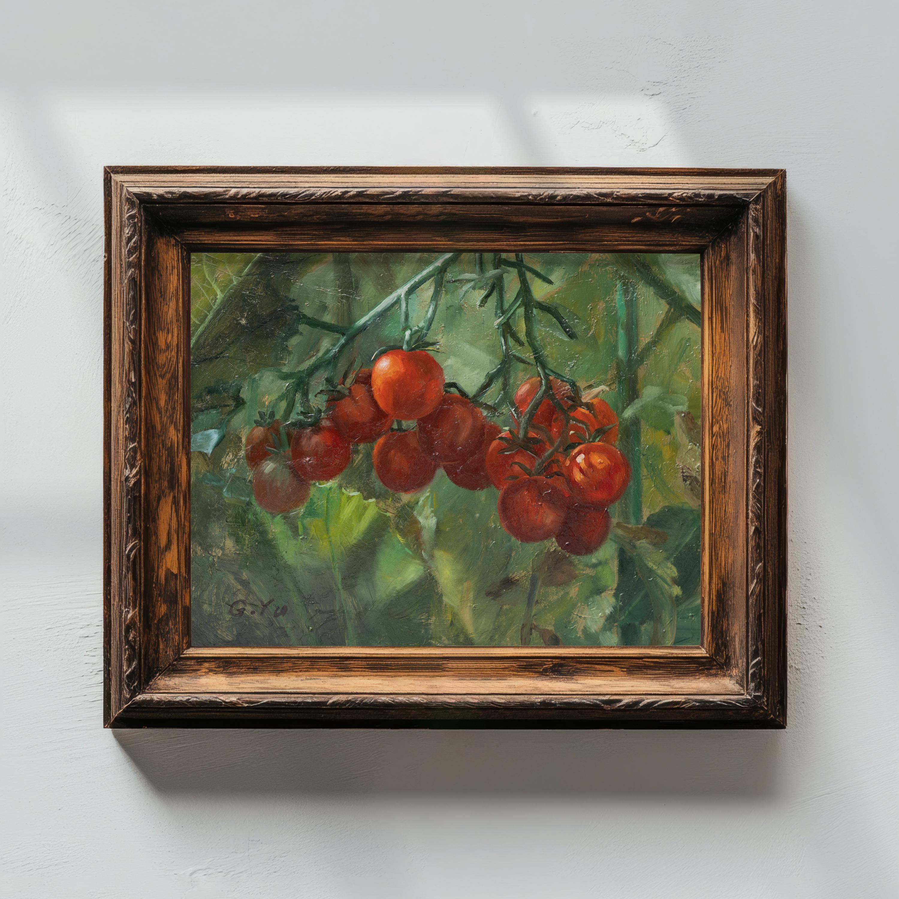 ミニトマトの油絵：庭園の静物画、巨匠にインスパイアされた作品、複製