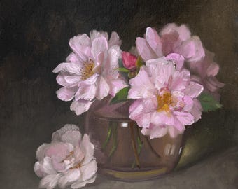 Pink Rose Oil Painting: Impressionistic Floral Still Life, 8x8, NOT A PRINT