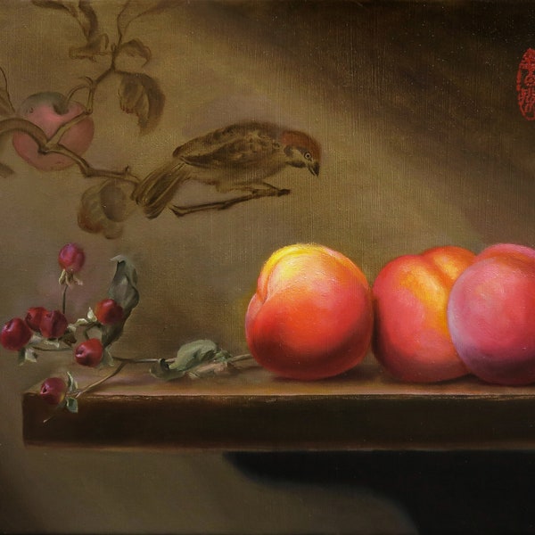 Three Peaches - Still Life Original Oil Painting on Canvas in Dutch Still Life Painting and Vintage Painting Style, Traditional Fine Art