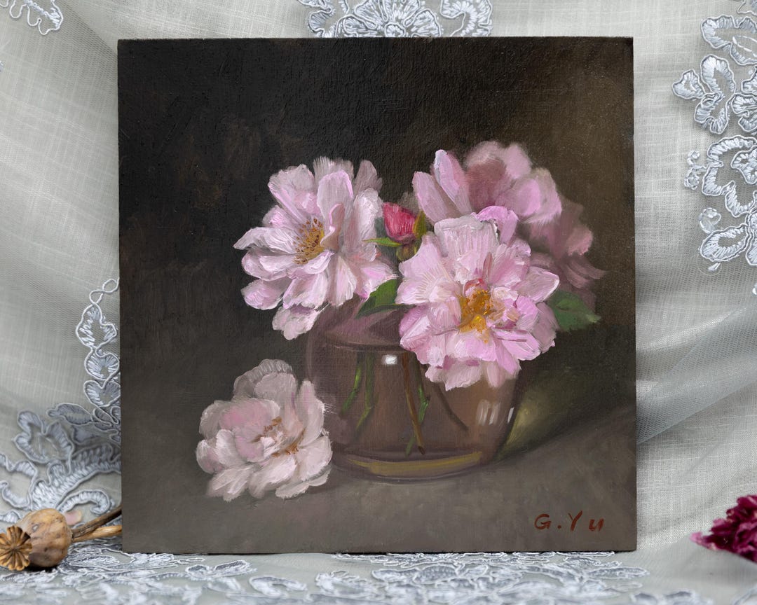 ピンクのバラの油絵：印象派の花の静物画、8x8、印刷物ではありません