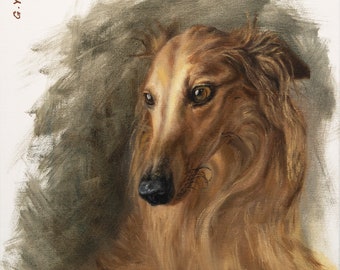 Puede incluir: Una pintura al óleo sobre lienzo que representa a un perro Borzoi de color marrón dorado con pelaje largo y fluido y un hocico delgado. El perro se muestra de perfil sobre un fondo gris oscuro texturizado. La firma del artista G. Yu es visible arriba a la izquierda.