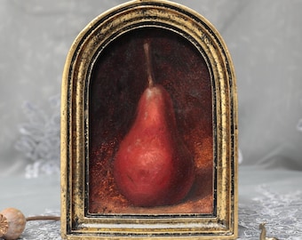 Pintura al óleo original de pera con marco arqueado de estilo vintage, pera roja Bartlett, bodegón frutal, bellas artes, NO ES UNA IMPRESIÓN