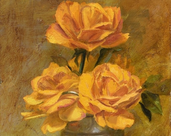 黄色いバラの油絵：写実的な花の静物画（15.74x11.81インチ） - Etsy 日本