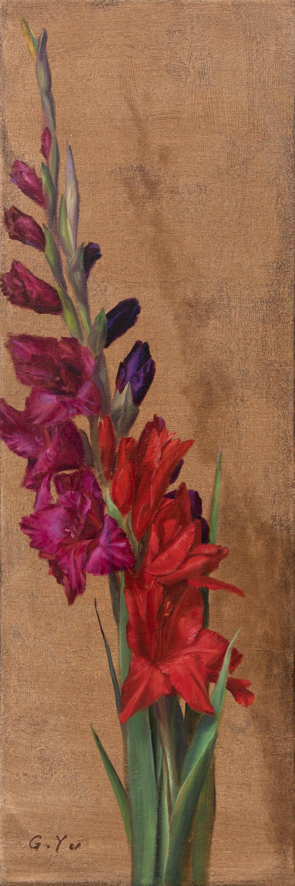 絵画 油絵　グラジョウラス オリジナルのグラジオラスの油絵：赤、ピンク、紫の花のアート、印刷物