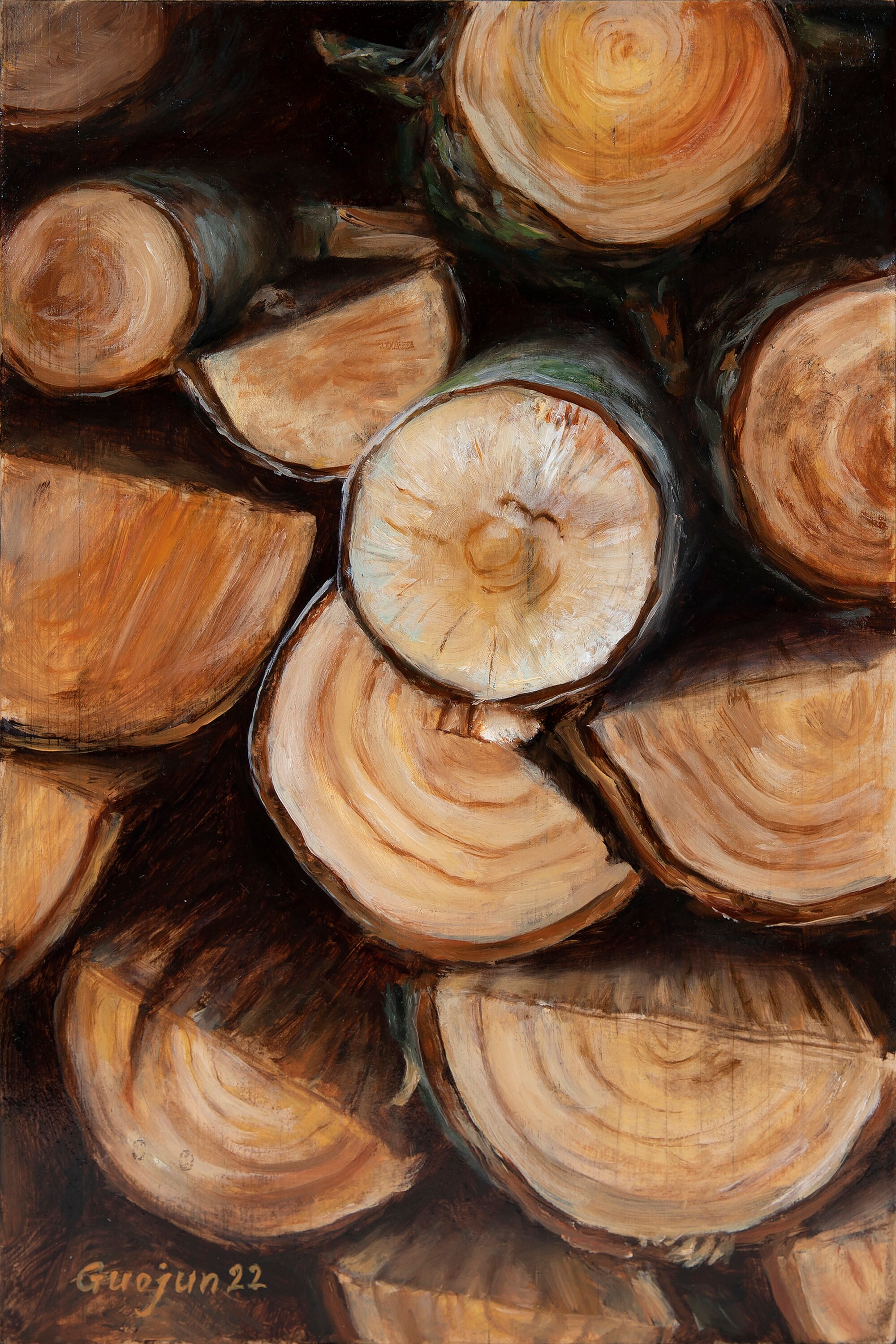 Pile of Wood Original Oil Painting, Realistic Trompe Oil Painting and Vintage Painting Style, Naturalist Painting, Tree Fine Art Wood Art