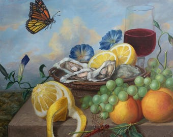 Original Still Life Oil Painting: Oysters, Butterfly, Seascape - 14x14", NOT A PRINT
