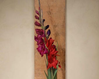 大型オリジナルグラジオラス油絵、8×24インチ、花をモチーフにした