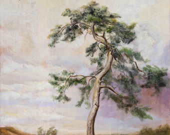 Original Pine Tree Oil Painting, Unique Classic Landscape Painting, Realistic Fine Art, Heroic Pine Tree Art, Framed Oil Painting on Wood