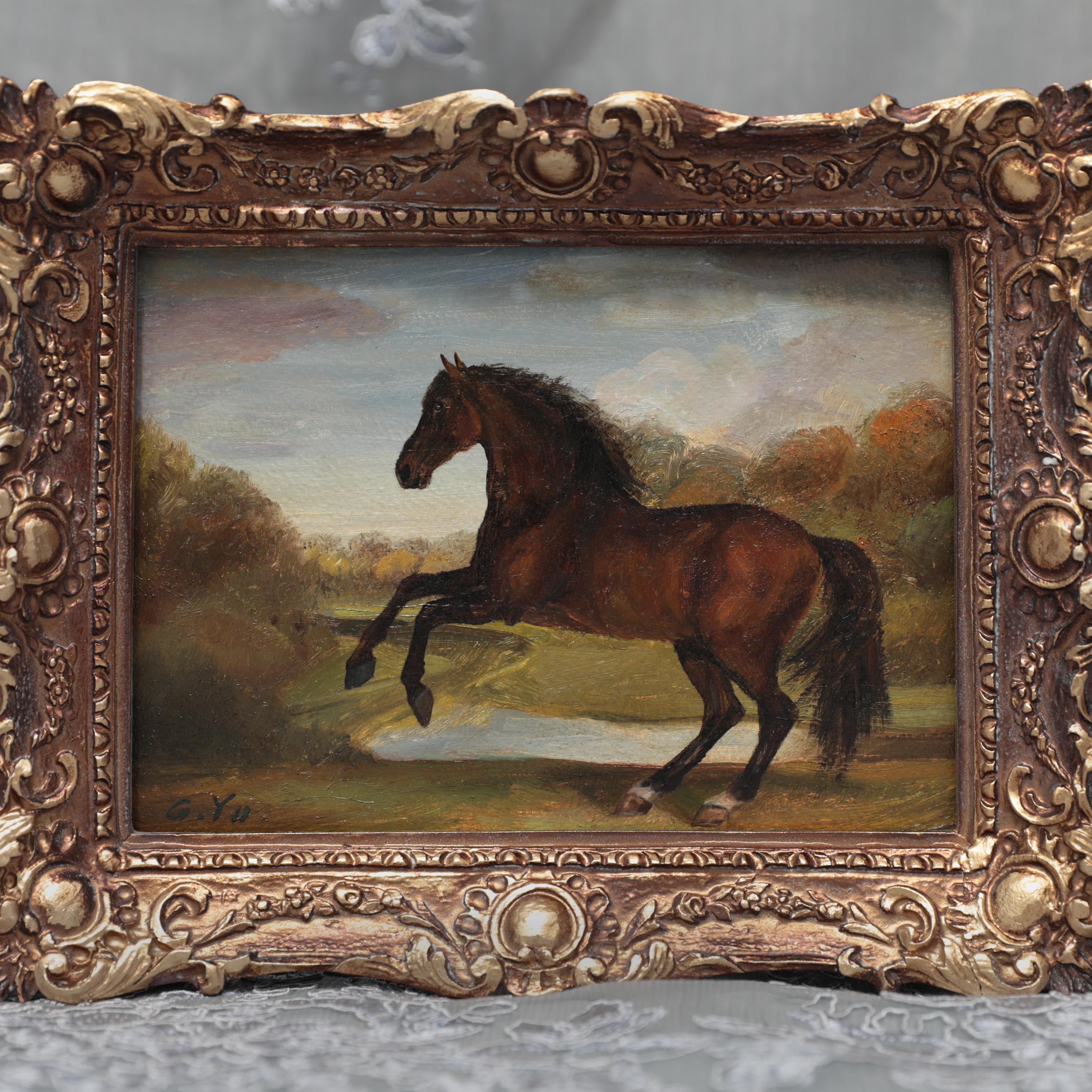 アンティークの金箔フレーム入りオリジナル馬油絵、馬の優雅さの響き