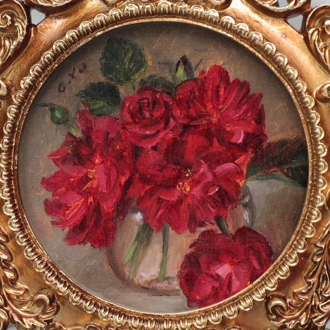 Original Red Rose Oil Painting Framed, Vintage Style Golden Gilt Frame ...