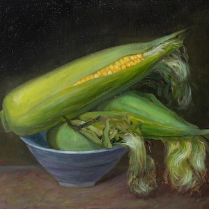 Original Still Life Oil Painting Corns in a Bowl, Corns Oil Painting, Dutch Still Life Painting, Vintage Painting Antique Style, Corn Art