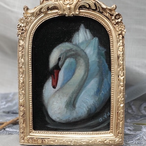 Original Swan Oil Painting Framed, Golden Arch Frame Included, Stand or Hang, White Swan Art Signed, Old Masters Vibe, Detailed Rendering