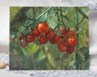 ミニトマトの油絵：庭園の静物画、巨匠にインスパイアされた作品、複製