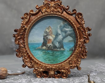 Original Beach Oil Painting: Realistic Seascape in Vintaged Gold Frame