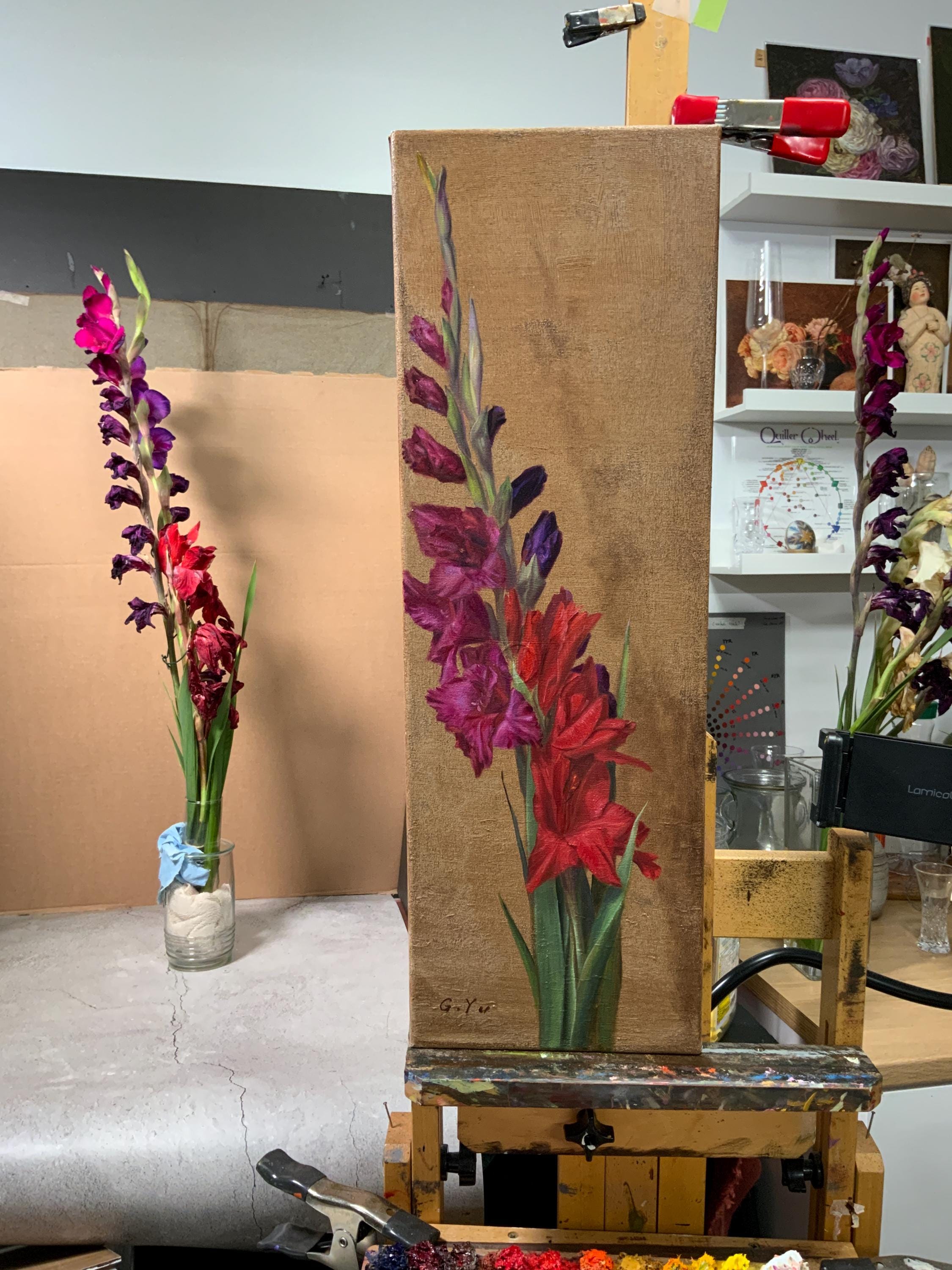 オリジナルのグラジオラスの油絵：赤、ピンク、紫の花のアート、印刷物