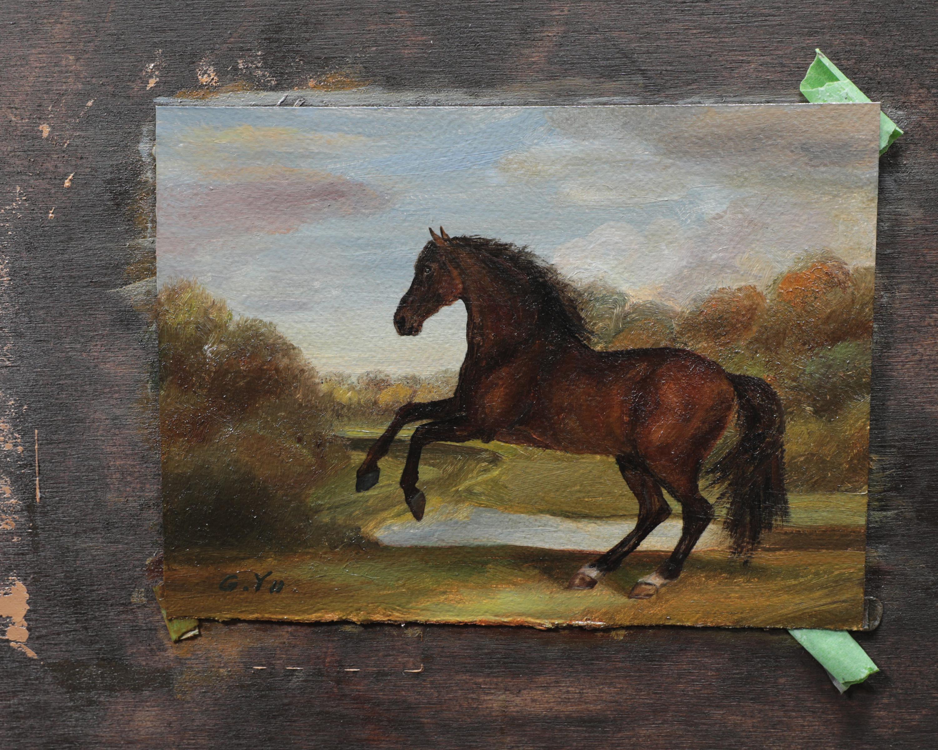 アンティークの金箔フレーム入りオリジナル馬油絵、馬の優雅さの響き