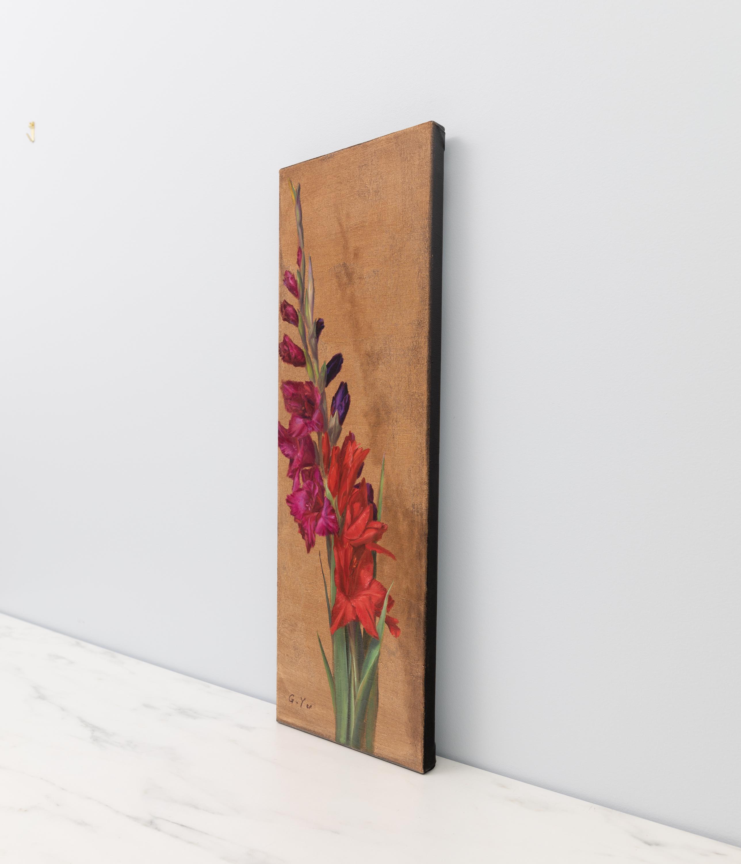 大型オリジナルグラジオラス油絵、8×24インチ、花をモチーフにした