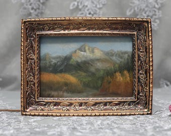 Original Mountain Oil Painting with Vintage Frame: Moody Tonalism Landscape Art, Rocky Mountains in Early Fall, NOT A PRINT