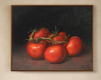 オリジナルトマト油絵：写実的な静物画、オールドマスタースタイル 