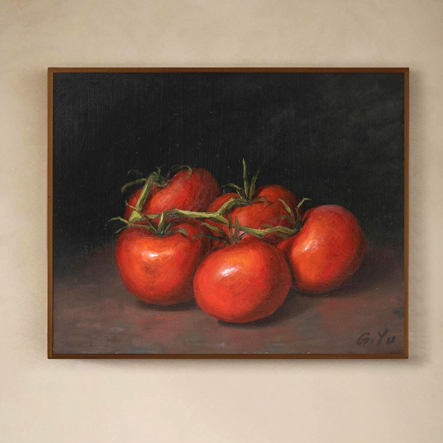 オリジナルトマト油絵：写実的な静物画、オールドマスター