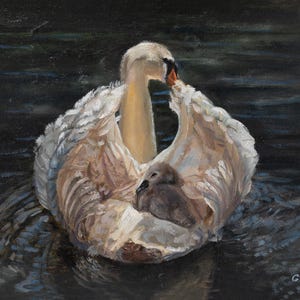 Original Swan Oil Painting, Mother and Baby Swan, Impressionism Art